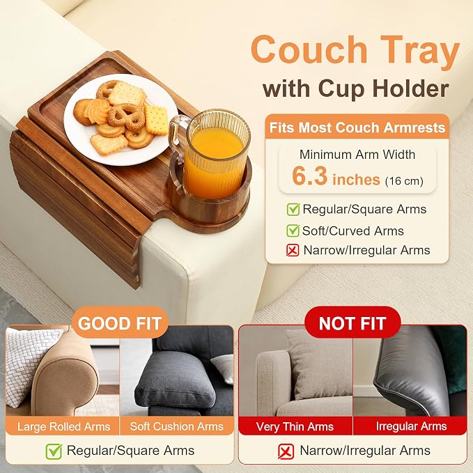 Couch Cup Holder Tray,Acacia Wood Couch Arm Table with Phone Holder, Large Foldable Sofa Arm Tray for Drink Snacks Table