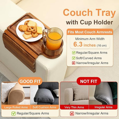 Couch Cup Holder Tray,Acacia Wood Couch Arm Table with Phone Holder, Large Foldable Sofa Arm Tray for Drink Snacks Table