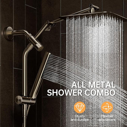 Veken All Metal 10" Brushed Nickel Shower Head with Handheld, Luxurious Square Double Rain Shower Heads with Power-wash Hand Held, Dual High Pressure Detachable Rainfall Showerhead,Bathroom Upgrade
