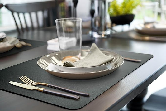 More Décor Faux Leather Placemats Set of 6 for Dining Table – Waterproof, Wipeable, Washable, Stain & Heat Resistant, Non-Slip Table Mats – 12 X 17 Inch (Solid Black, 6)