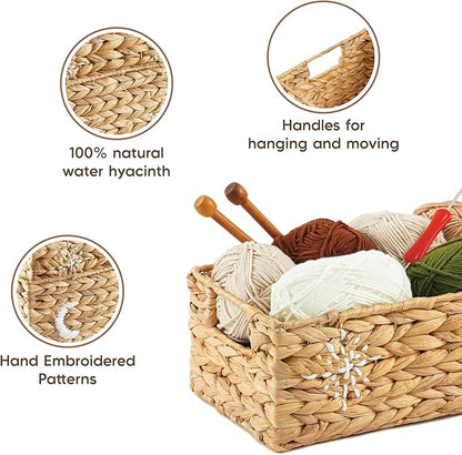 Greenatural Water Hyacinth Storage Baskets Set of 2, Handwoven Rectangular Organizer Trays with Handles, Wicker Bins with Hand Embroidered Patterns for Shelf, Bathroom, Kitchen, Office, Natural Decor