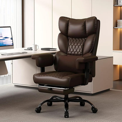 Misolant Big and Tall Office Chair with Footrest, High Back Executive Desk Chair with Adjustable Lift Armrest, 155°Recline，Lumbar Support Pillow, Faux Leather Gaming Chairs for Home or Office Brown