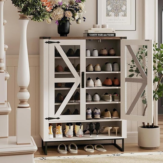 Maupvit 42.1" Farmhouse Shoe Cabinet with Ventilated Mesh Doors, 6-Tier Shoe Storage Cabinet with Adjustable Shelves & Metal Legs, Rustic Wooden Shoe Rack Organizer for Entryway, Hallway, Foyer, White