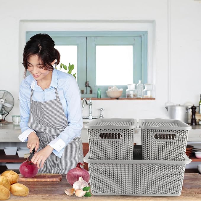 Onion and Potato Storage Bins,Stackable Plastic Pantry Bins with Lids,BPA-Free,Potatos and Onions Storage Baskets for Kitchen (Gray-3 Pack)