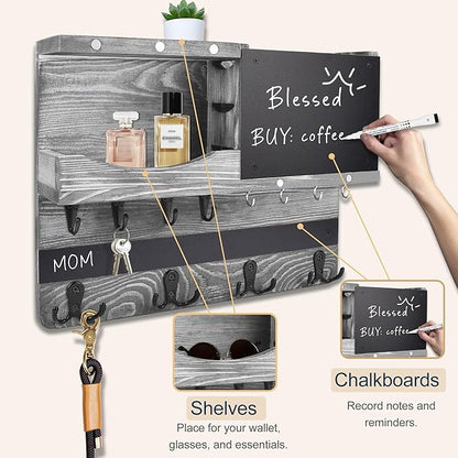 Key Holder for Wall Mount with Shelf and Mail Organizer, Key and Mail Holder with 16 Hooks, Farmhouse Entryway Organizer, Home Decor Rack(Pine Wood,Washed Gray)