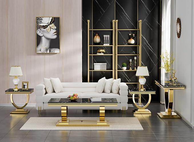 4 Piece Living Room Table Set Include 1 Faux Marble Coffee Table & 2 End Tables & 1 Console Table, Modern Black Gold Coffee Table Set of 4 with Double O Shape Stainless Steel Pedestal Base