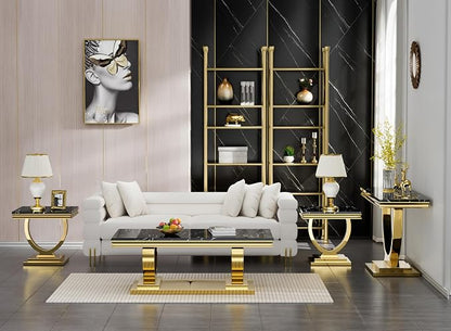 4 Piece Living Room Table Set Include 1 Faux Marble Coffee Table & 2 End Tables & 1 Console Table, Modern Black Gold Coffee Table Set of 4 with Double O Shape Stainless Steel Pedestal Base