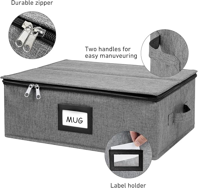 HURZMORO Mug Storage Box with 12 Compartments, Gray Hard Shell Container, Padded Dividers, Dual Handles, Zipper Lid for Coffee Cup Organization and Moving(2, Coffee Cup Storage Box)