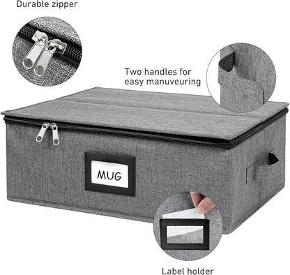 HURZMORO Mug Storage Box with 12 Compartments, Gray Hard Shell Container, Padded Dividers, Dual Handles, Zipper Lid for Coffee Cup Organization and Moving(2, Coffee Cup Storage Box)