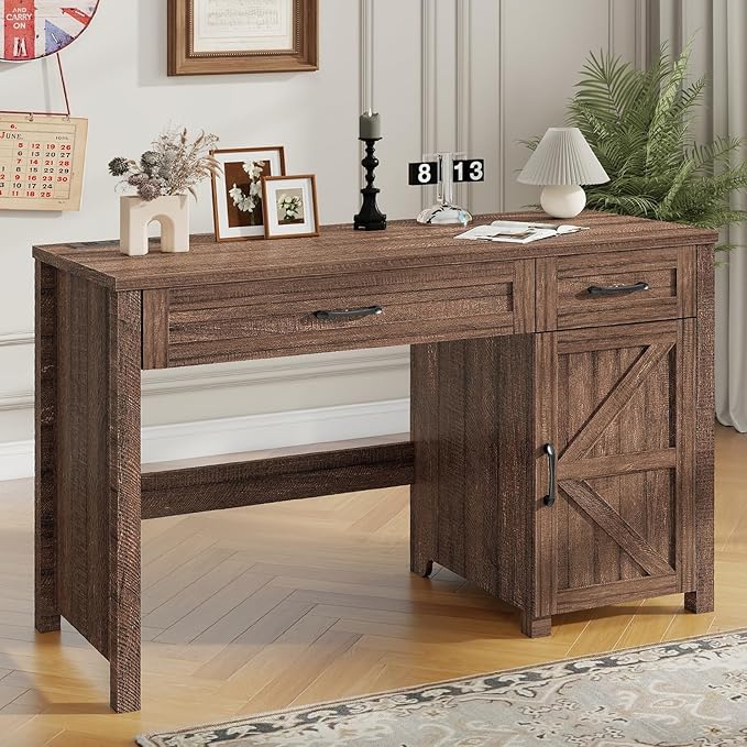 Vabches Farmhouse 47" Executive Desk, Computer Desk with Drawers and Storage Cabinet, Workstation Computer Desk for Home Office, Study.（Red-Brown）