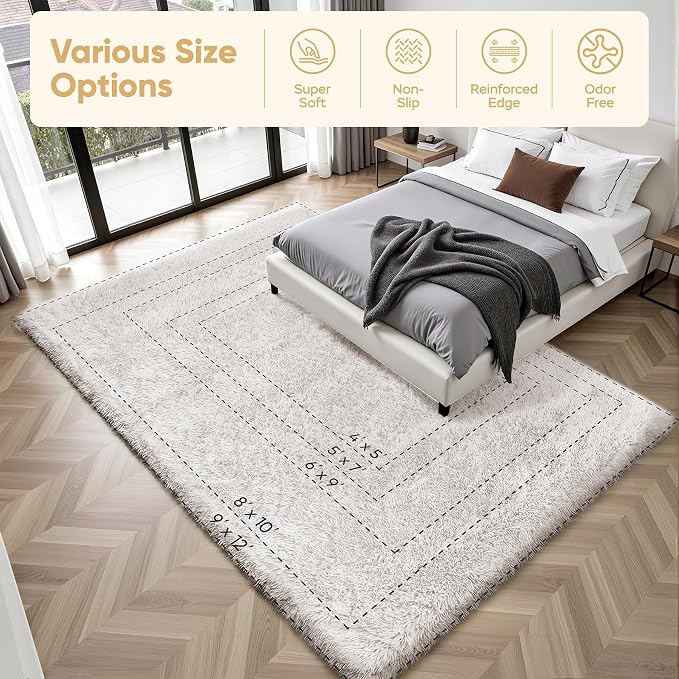 Area Rug for Living Room Bedroom: 6x9 White Soft Fluffy Shag Upgrade Non-Slip High Pile Carpet Large Fuzzy Plush Indoor Floor Decor Shaggy Rug for Kid Boys Girls Dorms Playroom Nursery Modern Home