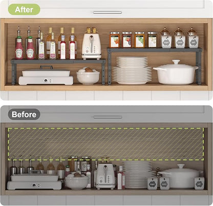RUILALIFE Expandable Cabinet Organizer Shelf With Adjustable Height, Stackable Kitchen Countertop Organizer Rack, Adjustable Shelf Riser For Kitchen Counter, Pantry, Cupboard, Desk, Tabletop