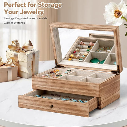 Meangood Jewelry Box Organizer for Women, 2 Layer Large Jewelry Storage Case, Rustic Wooden Jewelry Box with Mirror & Ring Tray for Necklace Earring Bracelets Rings, Vintage Style (Torched Wood)