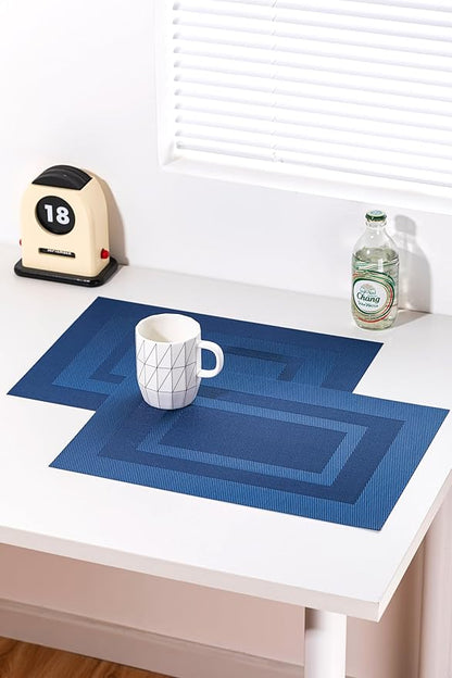 LEXMORE Placemats Set of 4 Vinyl/Plastic Woven Place Mats for Kitchen Table Indoor/Outdoor Washable Placemat Wipeable Dining Table Mats(Navy Cube)