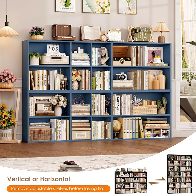 FOTOSOK 71'' Tall Bookshelf Set of 2, 7 Tier Large Bookshelf with Adjustable Shelves, Wide Bookcases and Bookshelf, DVD/CD Media Tower Storage, Cube Book Shelf Display Storage Cabinet, Blue