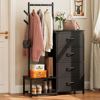 KKL Small Dresser for Bedroom with Clothes Hanging Rack, Reversible Bedroom Dresser with Shoe Rack & 4 Fabric Drawers, 3-in-1 Storage Chest of Drawers with Storage Shelves & Tree Hooks, Black