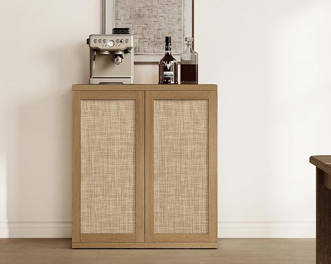 SICOTAS Rattan Sideboard Storage Cabinet - Boho Credenza Coffee Bar Cabinet with Doors & Adjustable Shelves, Large Farmhouse Buffet Console Table for Living Room, Kitchen, Entryway, Amber Oak