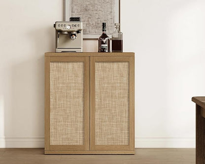 SICOTAS Rattan Sideboard Storage Cabinet - Boho Credenza Coffee Bar Cabinet with Doors & Adjustable Shelves, Large Farmhouse Buffet Console Table for Living Room, Kitchen, Entryway, Amber Oak
