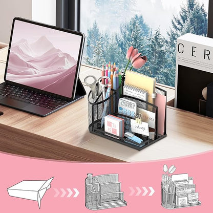 SUPEASY Desk Organizer with 3 Compartment Pen Holder, 3-Slot Mail Organizer and Flower Tube, Metal Mesh Bill Organizer for Pencil, Envelope, Letter and Office Supplies, Black