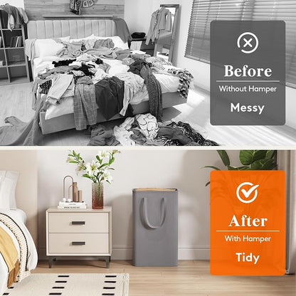 Lifewit Slim Laundry Hamper, Narrow Small Laundry Basket with Handle for Dirty Clothes, Collapsible Tall Thin Laundry Bin for Bathroom Bedroom Dorm College, 50L, Grey
