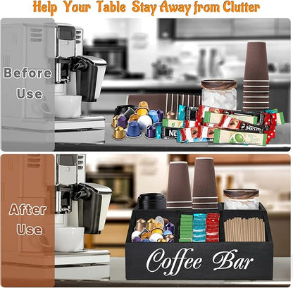 ugiftt Coffee Station Organizer for Counter, Wood Coffee Pods Holder Storage Basket, Tea Condiment Storage Organizer, Rustic Coffee Bar Decor for Coffee Accessories Organizer