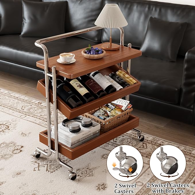 Solid Wood Rolling End Table Cart with Adjustable Storage - 3-Tier Stainless Steel Fame Side Table on Wheels Narrow Bedside Storage Table Small Bar Serving Cart for Living Room