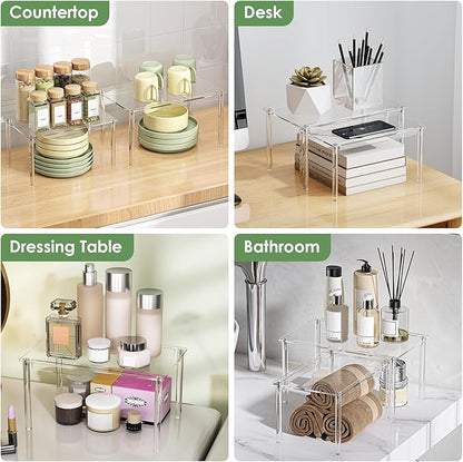 Delamu Cabinet Shelves, Clear Stackable Acrylic Storage Risers with Heavy Duty Support, Cabinet Organizer Shelf for Spices, Seasonings, Jars, Pantry, Kitchen Counter, Easy Assembly