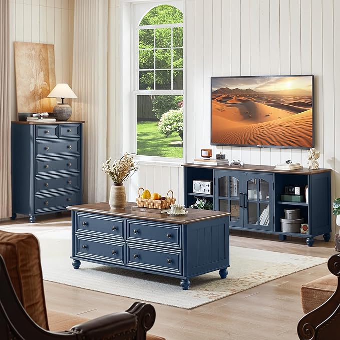 48" Farmhouse Coffee Table with Hidden Storage,Wooden Coffee Tables with 4 Drawers & Roman Column Handle,Rectangular Rustic Center Table with Solid Wood Curved Legs for Living Room,Office,Blue