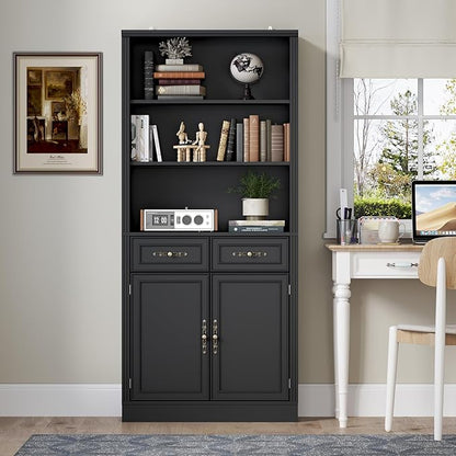 BORNOON 71.4" Tall Bookshelf with Drawers & Cabinet, 5-Tier Floor Standing Bookcase with Storage Doors, Adjustable Shelves & Metal Handles, 31.5" Wide Organizer for Home Office, Living Room