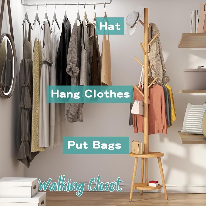 Coat Rack, Bamboo Wood Coat Freestanding with Umbrella Holder, Adjustable Height Coat Stand with 8 Hooks, kids coat rack, Used In The Bedroom Living Room, Office To Hang Clothes, Hats, Bags (Natural)