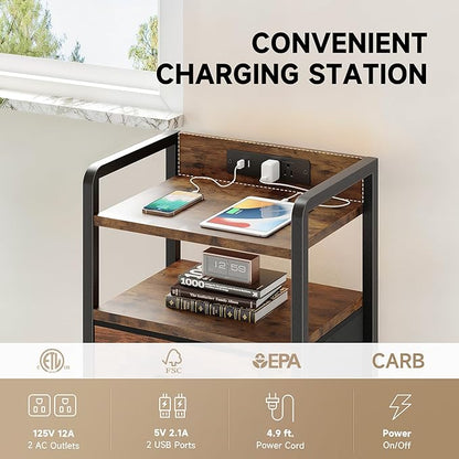 Lazzanto Night Stand Bedside Table Bedroom - Nightstand with Charging Station, Night Stand with LED Light Strip, End Table with U-S-B Ports & AC Outlets, Storage Shelf & 2 Fabric Drawers, Rustic Brown