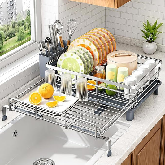 Expandable Dish Drying Rack for Kitchen Counter, Stainless Steel, Silver | Foldable Over Sink, Large Capacity, Rusrproof, Adjustable for Most Sinks, Self-Draining, Removable Utensil Holder