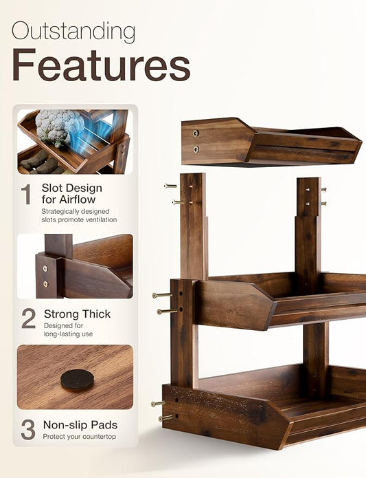 HOLANA Acacia 3 Tier Fruit Basket for Counter – Wooden Fruit Bowl for Kitchen Counter Organizer, Vegetable & Produce Storage, Wooden Basket & Snack Organizer for Countertop Storage (Walnut)