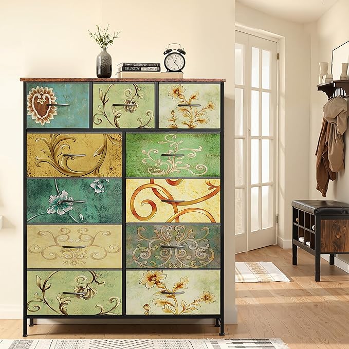 Tall Console Table with 11 Fabric Drawers, Entryway Table with Storage, Tall Storage Organizer with Wood Top, Steel Frame for Living Room, Hallway, Office, Floral Painted