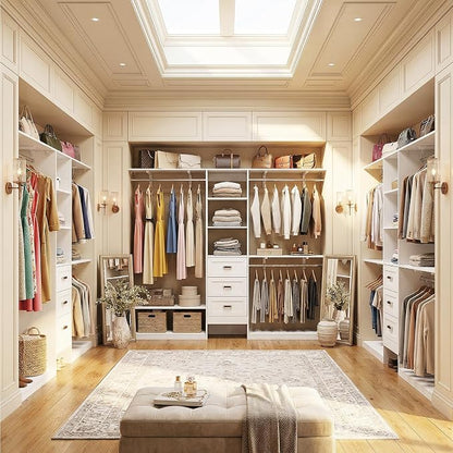 8FT Closet System with 3 Curved Drawers, 96'' Wooden Walk-in Closet Organizer with 3 Top Shelves, Adjustable Organizer System with 3 Hanging Rods, Built-in Wardrobe Storage Rack for 4-8 ft, White