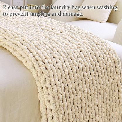 Admitrack Chunky Knit Blanket Throw, 100% Hand Knit Chenille Throw Blanket for Sofa & Home Decor, Soft and Cozy Knitted Throw Blankets (Ivory, 60"x80")