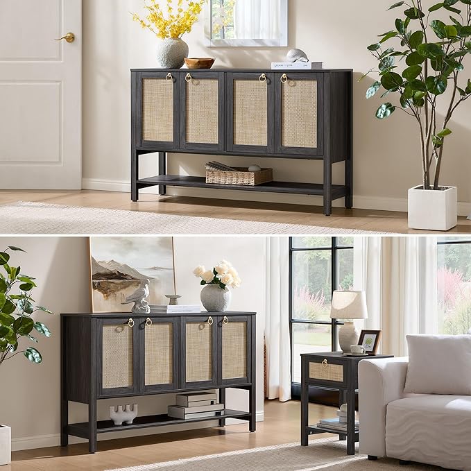 SICOTAS Rattan Sideboard Buffet Cabinet with Open Storage - Large Storage Cabinet with 4-Doors and Adjustable Shelves, Boho Credenza Coffee Bar Cabinets Buffet Table Console Table (2, Obsidian)