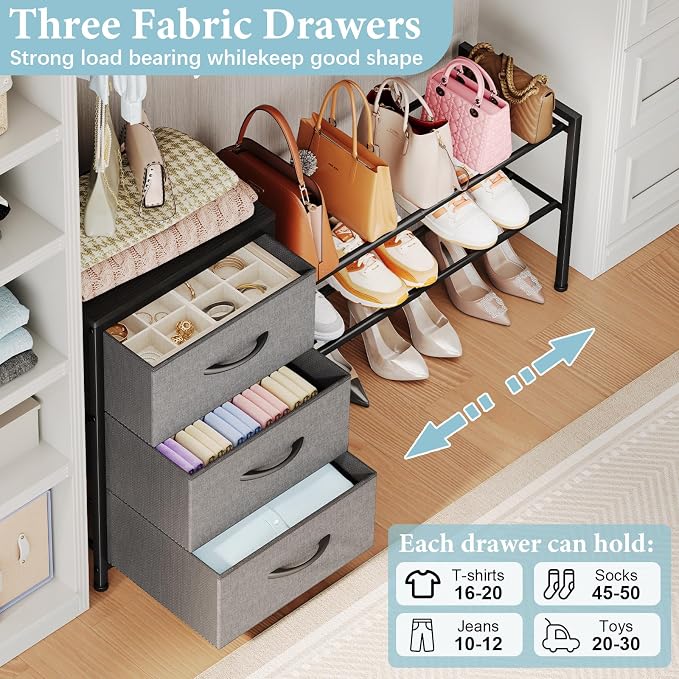 Cidaziya Expandable Closet Organizers and Storage, Black Fabric Storage Dresser, 3 Drawer Dresser, Clothes Shelves for Kids, Purse Organizer Small Shoe Rack for Closet Bedroom(31.29~43.42 in)