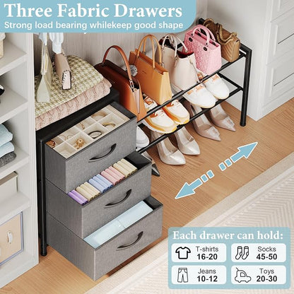 Cidaziya Expandable Closet Organizers and Storage, Black Fabric Storage Dresser, 3 Drawer Dresser, Clothes Shelves for Kids, Purse Organizer Small Shoe Rack for Closet Bedroom(31.29~43.42 in)