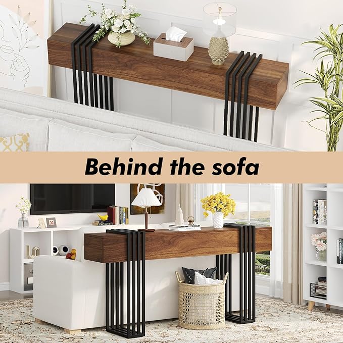 63 Inch Long Console Table, Extra Thick Industrial Sofa Table Behind The Couch Rectangular Entryway Table for Entrance Hallway Living Room, Entire top Board & 4-Pipe Legs, Rustic Brown
