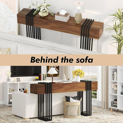 63 Inch Long Console Table, Extra Thick Industrial Sofa Table Behind The Couch Rectangular Entryway Table for Entrance Hallway Living Room, Entire top Board & 4-Pipe Legs, Rustic Brown