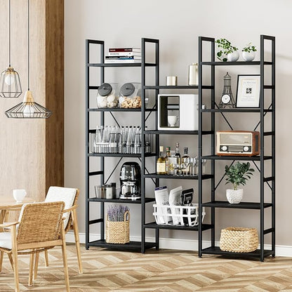 NUMENN Triple Column 5 Tier Bookshelf, Bookcase with 14 Open Display Shelves, Adjustable Rustic Industrial Style Book Shelves, Modern Bookshelves for Bedroom, Living Room and Home Office, Black