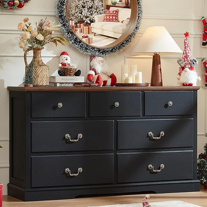 Farmhouse 7 Drawer Dresser for Bedroom,55" Wide Wood Rustic Chest of Drawers,Farmhouse Chest of Drawers for Bedroom,Wood Drawer Organizer for Living Room, Hallway,Bedroom,Black
