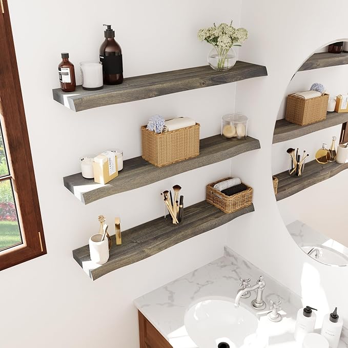 Howizz 24" Acacia Live Edge Floating Shelves Set of 2 - Wall Mounted Wooden Shelf for Stylish Home Décor - Mocha Color 24x7.5x1.5 Inches