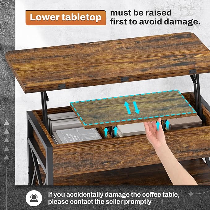 Itaar 40" Lift Top Coffee Table, 4 in 1 Coffee Tables with Storage for Living Room, Small Farmhouse Coffee Table with 2 Drawers & LED Light for Dining Reception Room, Rustic Brown