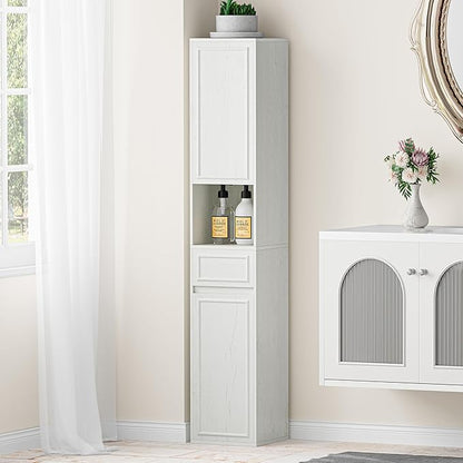 Tall Bathroom Storage Cabinet, Wall Mounted or Floor Mounted,Narrow Slim Wall Cabinet with 2 Door, 1 Drawer, Open Shelf for Living Room, 11.81" D x 11.81" W x 65" H (Line White, 2 PCS)