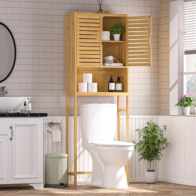 VEIKOU Over The Toilet Storage Cabinet, Bamboo Over Toilet Storage with Removable Shelf, Bathroom Freestanding Over The Toilet Storage with Open Storage, Natural