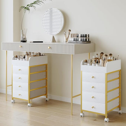 Rolling Makeup Organizer Cart - Under Desk Vanity Cart with 4 Fabric Drawers, Makeup Bathroom Storage Cart Cosmetic Display Cases for Nail Polish Brush Hair Tool