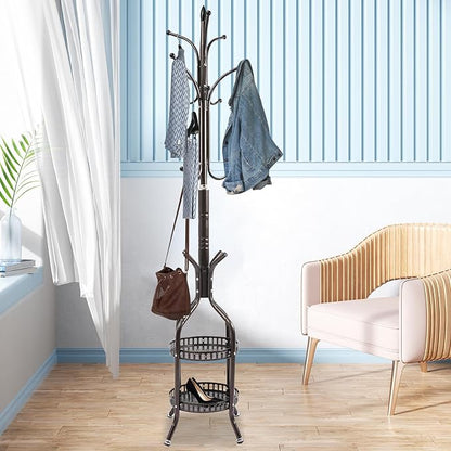 72.8in Coat Rack Freestanding 12 Hooks Coat Tree with Umbrella Holder Metal Modern Coat Hanger Stand for Entryway, Purse Rack Hat Rack Stand for Living Room Bedroom Office (Copper)