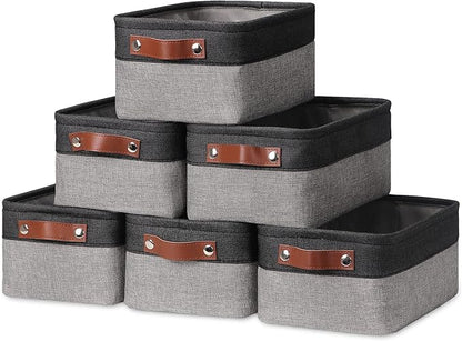 HNZIGE Small Storage Baskets Fabric Bins(6-Pack)Baskets for Shelves, Empty Gift baskets with Leather Handles,Folable Baskets for organizing Clothes, Toys, Books, Gifts(Black&Gray,11.8" x 7.8" x 5.1")